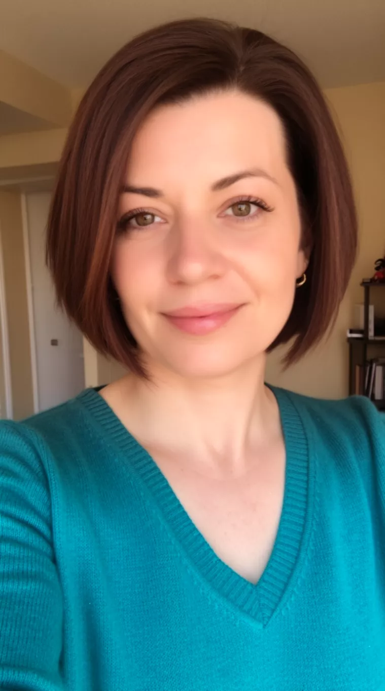 selfie of a 34-year-old woman wearing a teal v-neck sweater with an Angled Bob