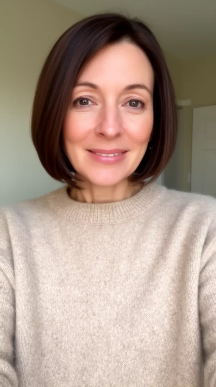 selfie of a 37-year-old woman wearing a beige cashmere sweater with a Rooty Stacked Bob