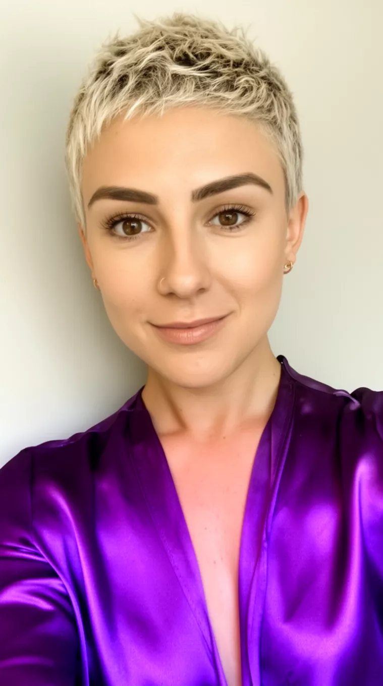 selfie of a 29-year-old woman wearing a purple satin top with a Bleached Pixie