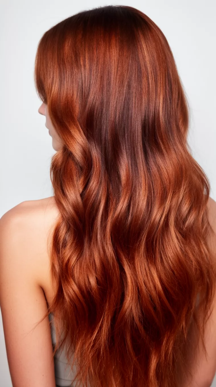 close-up photo of a 30-year-old woman with a burnt copper long hairstyle, minimal background, back view