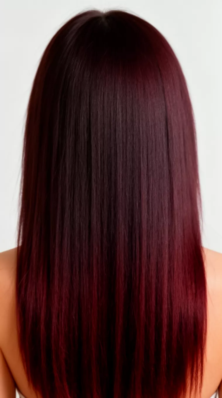 close-up photo of a 25-year-old woman with a wine brunette long hairstyle, minimal background, back view