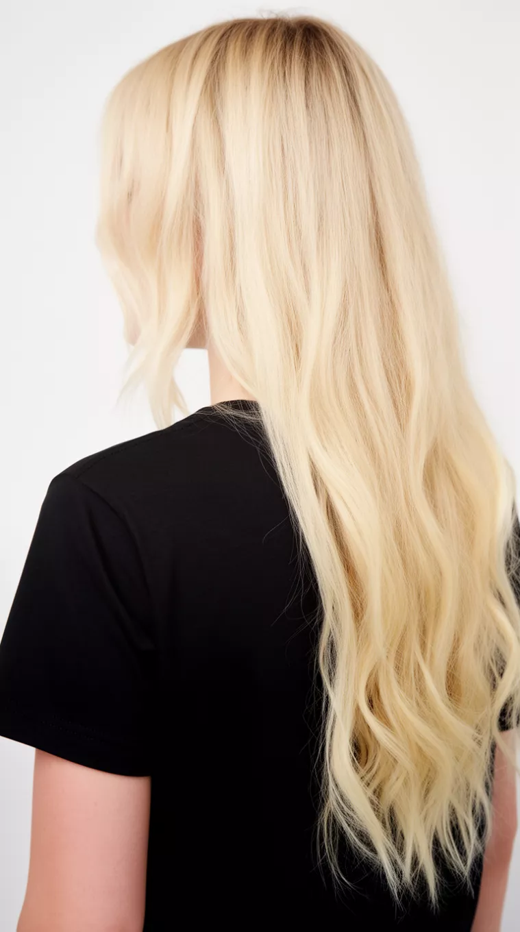 close-up photo of a 23-year-old woman wearing a black t-shirt with a buttercream blonde long hairstyle, minimal background, back view