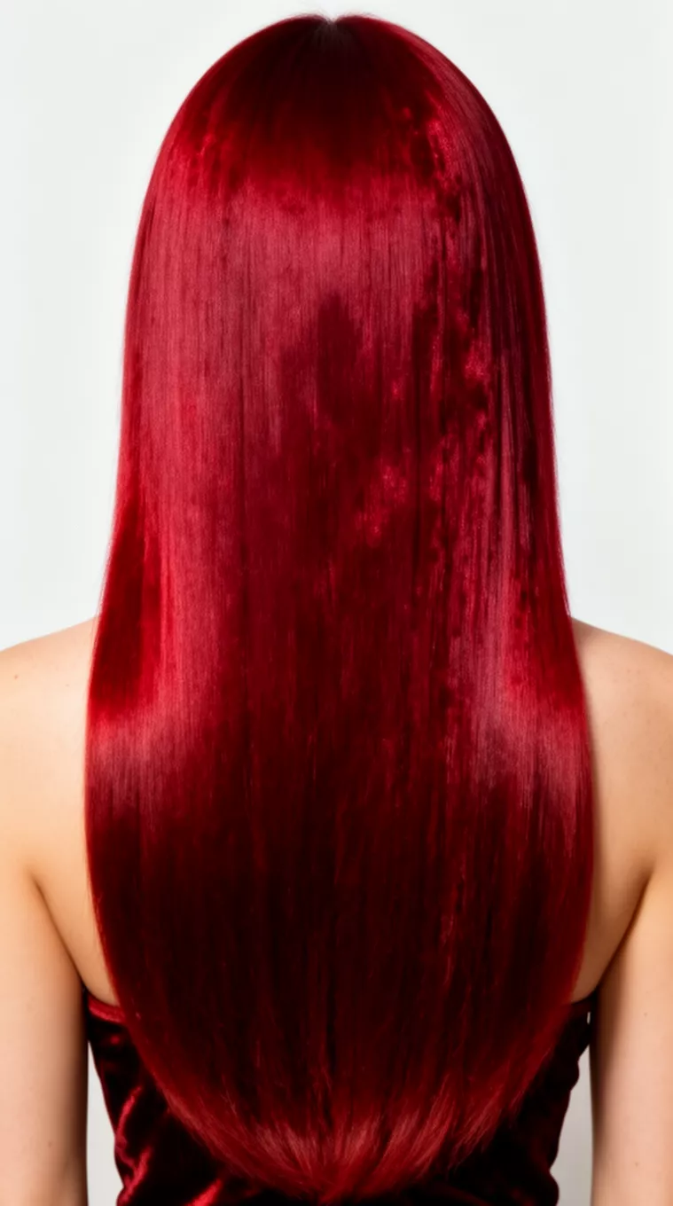 close-up photo of a 41-year-old woman with a red velvet long hairstyle, minimal background, back view