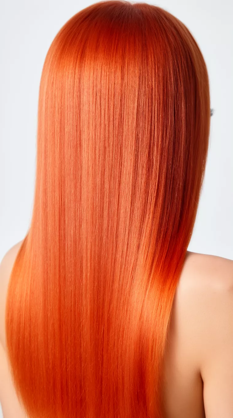 close-up photo of a 24-year-old woman with a carnelian orange long hairstyle, minimal background, back view