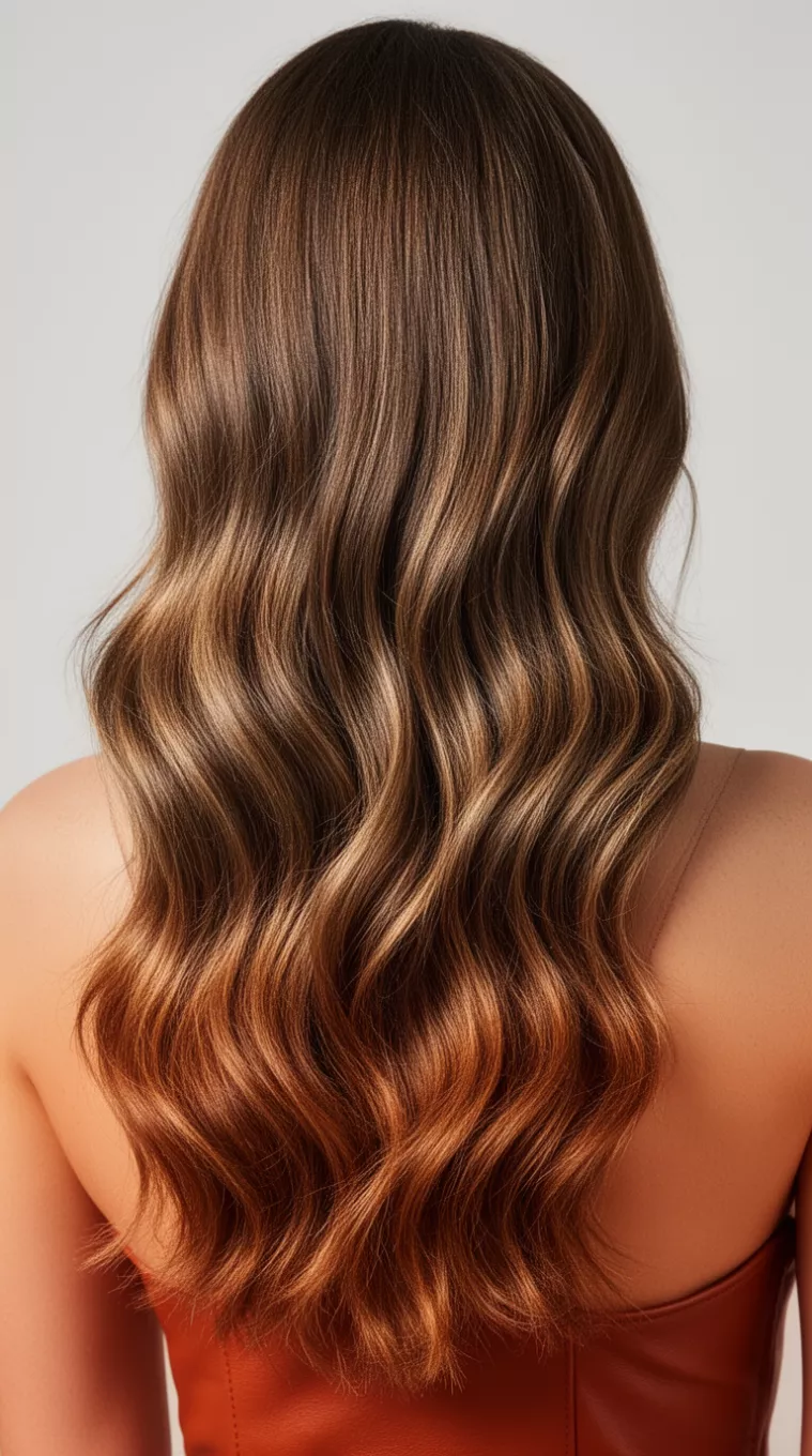 close-up photo of a 39-year-old woman with a tuscan leather long hairstyle, minimal background, back view