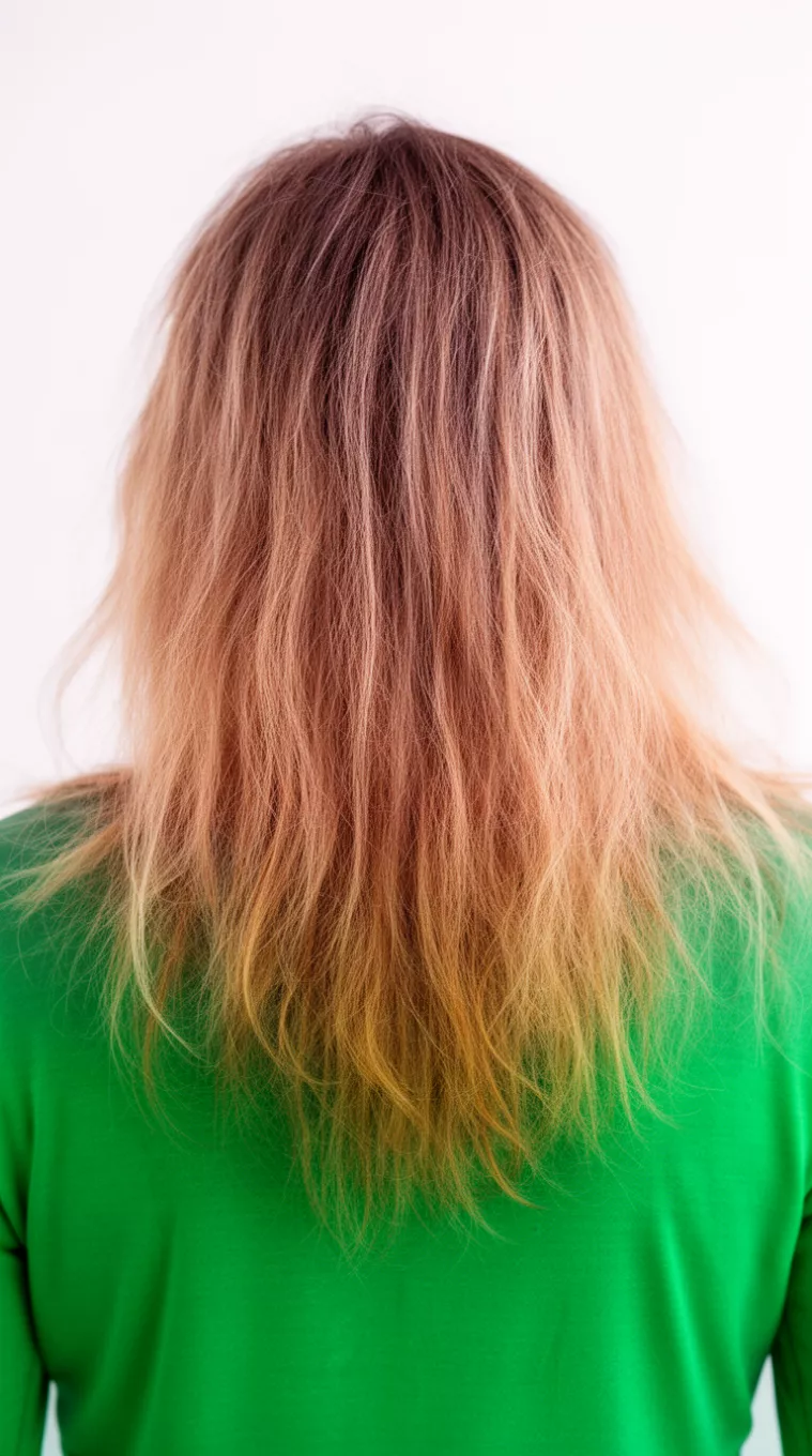 close-up photo of a 44-year-old woman wearing a green top with a sun-faded long hairstyle, minimal background, back view