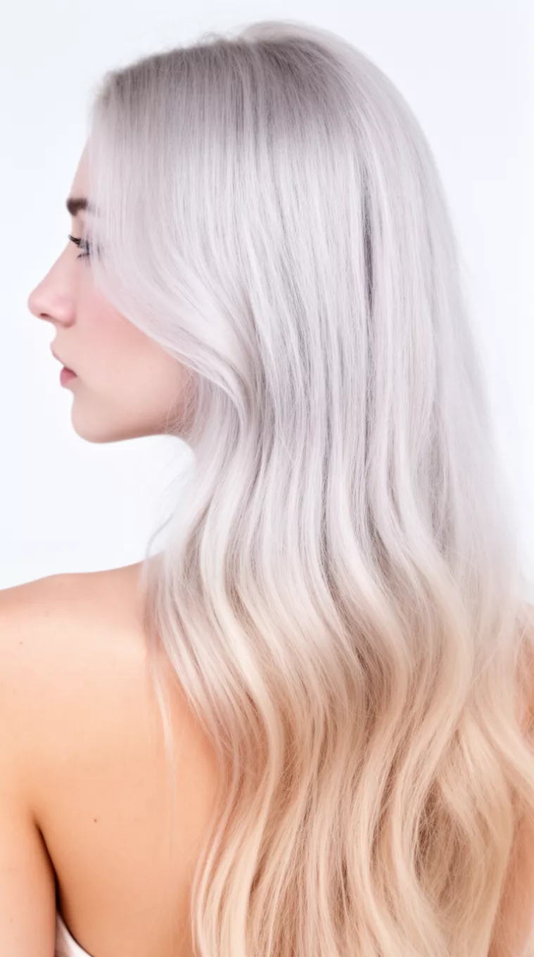 close-up photo of a 20-year-old woman with a ethereal platinum blonde long hairstyle, minimal background, back view