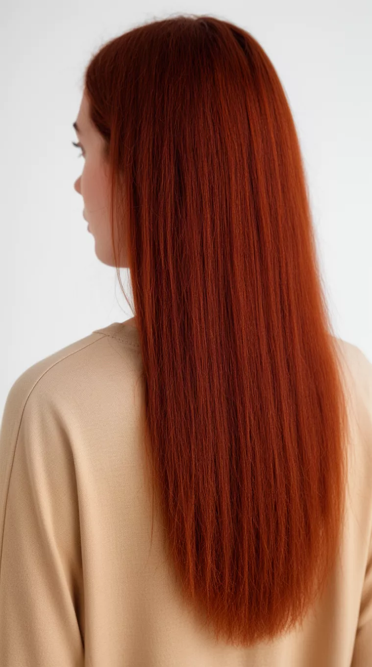 close-up photo of a 33-year-old woman wearing a beige top with a burnt sienna long hairstyle, minimal background, back view