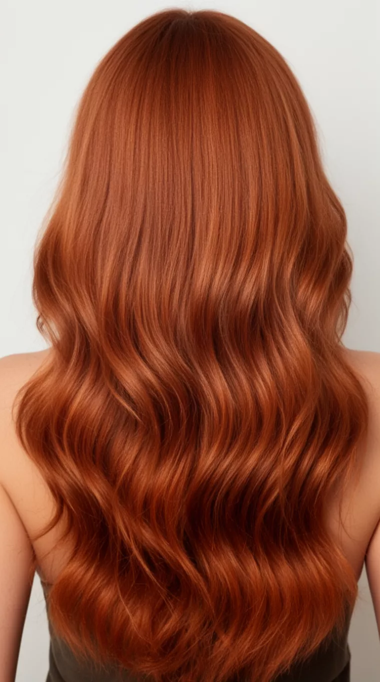 close-up photo of a 37-year-old woman with a spiced copper long hairstyle, minimal background, back view