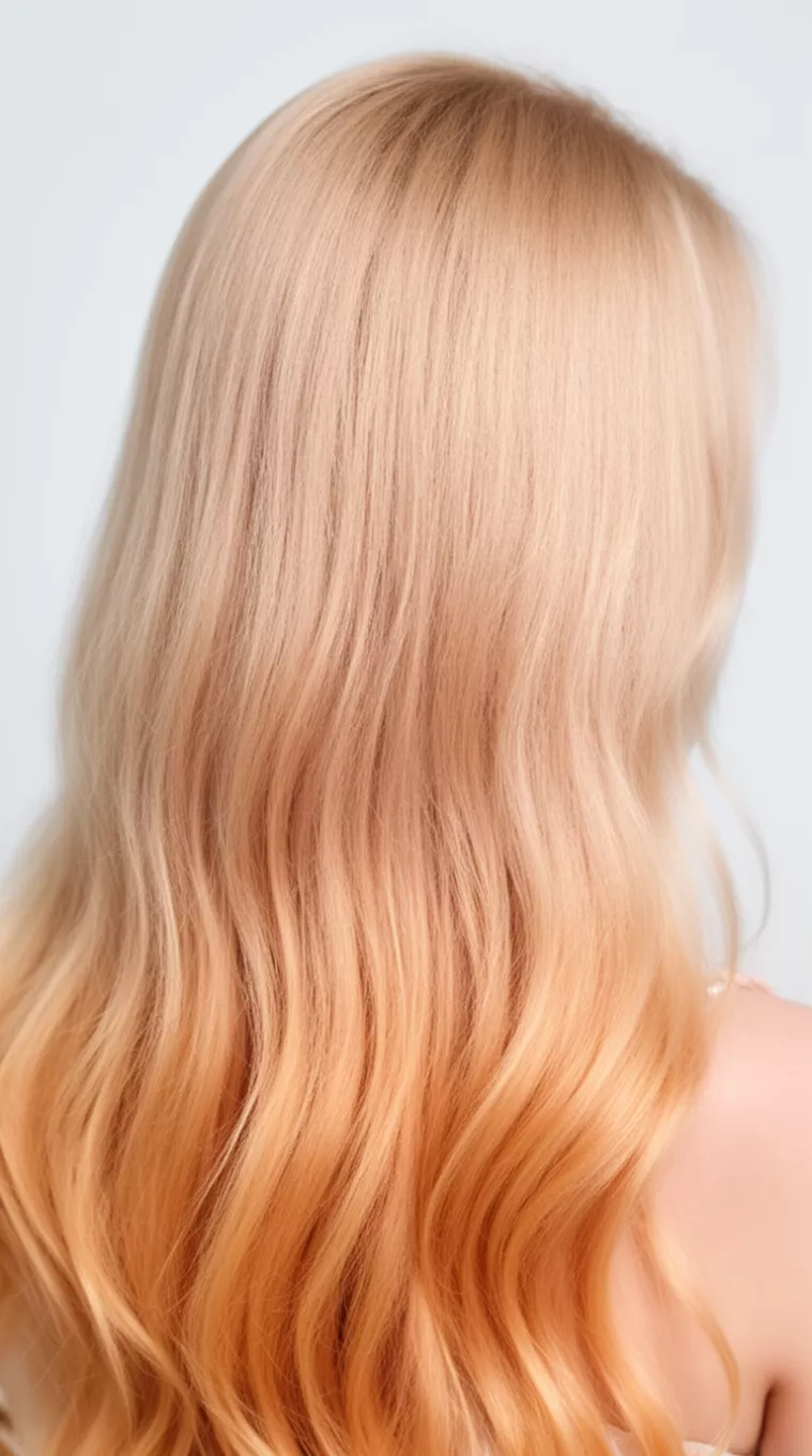 close-up photo of a 21-year-old woman with a golden peach long hairstyle, minimal background, back view