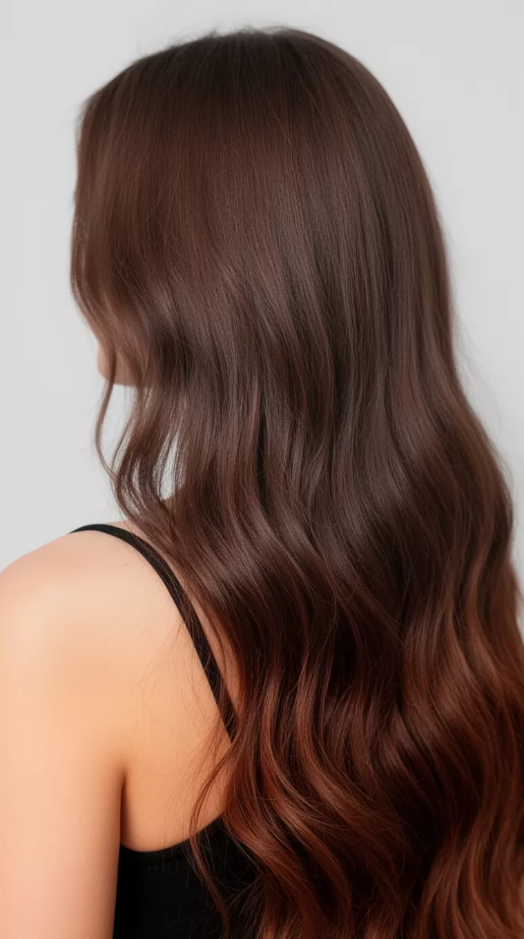 close-up photo of a 22-year-old woman with a cherry mocha long hairstyle, minimal background, back view