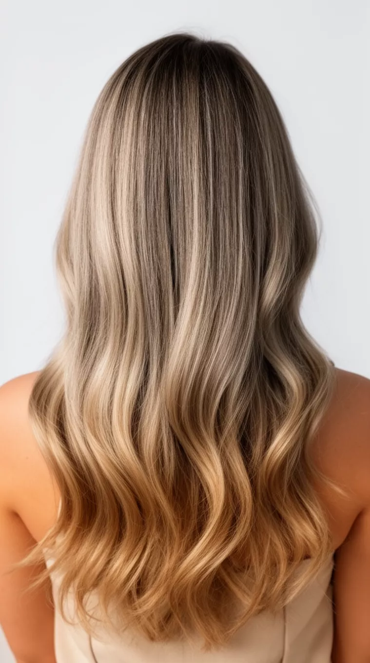 close-up photo of a 38-year-old woman with a khaki bronde long hairstyle, minimal background, back view