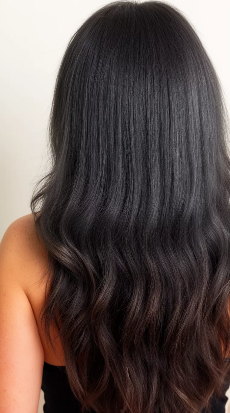 close-up photo of a 45-year-old woman with a charcoal brunette long hairstyle, minimal background, back view