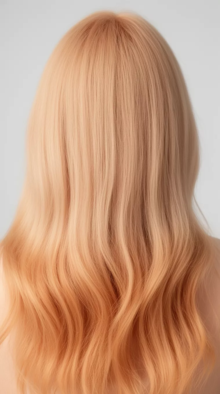close-up photo of a 29-year-old woman with a soft apricot blonde long hairstyle, minimal background, back view