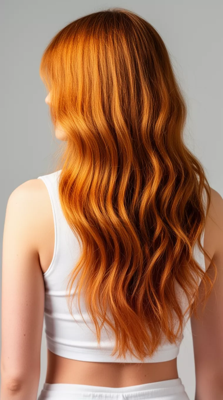 close-up photo of a 32-year-old woman wearing a white crop top with a amber glow long hairstyle, minimal background, back view