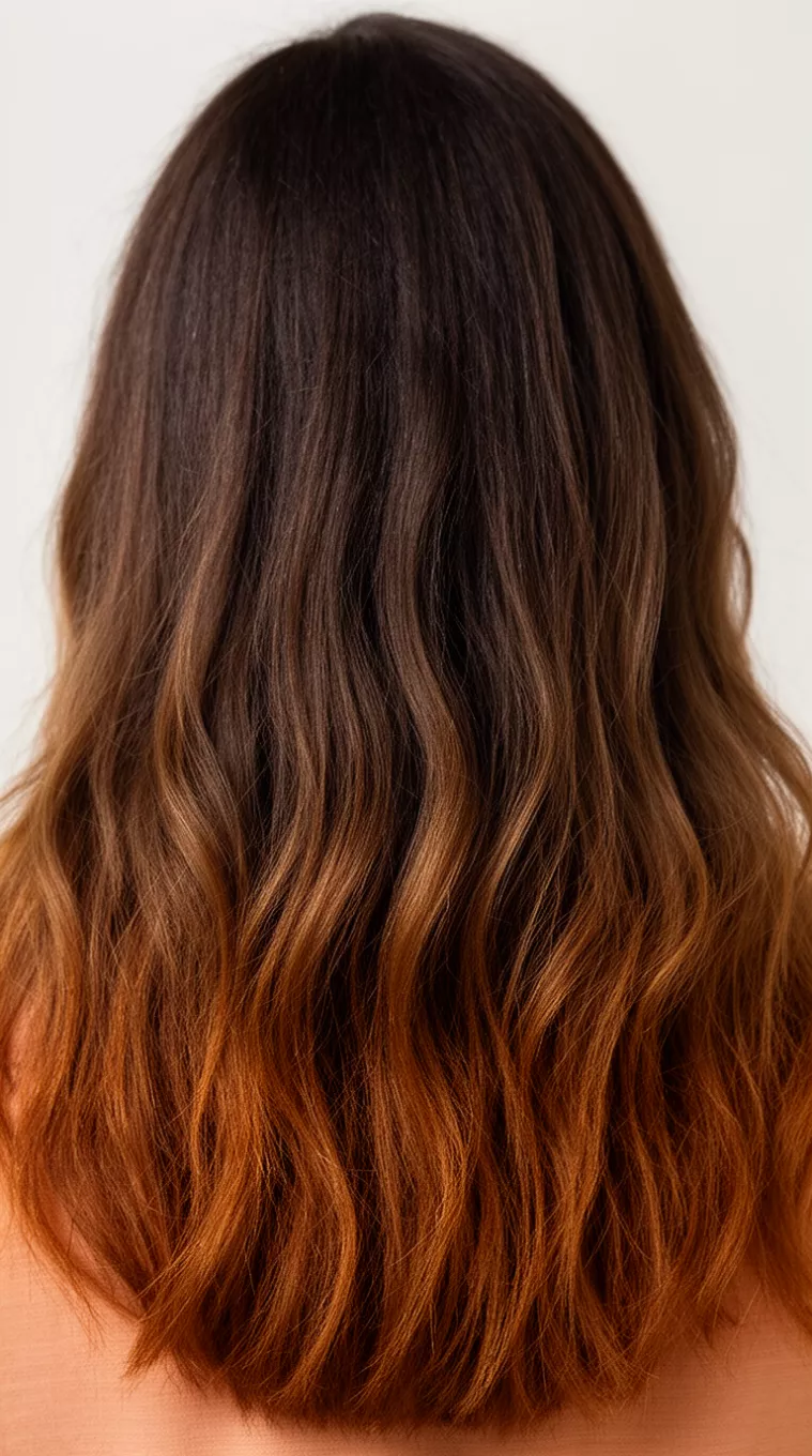 close-up photo of a 40-year-old woman with a earthy brunette long hairstyle, minimal background, back view