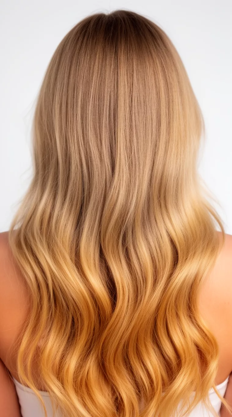close-up photo of a 27-year-old woman with a honey blonde long hairstyle, minimal background, back view