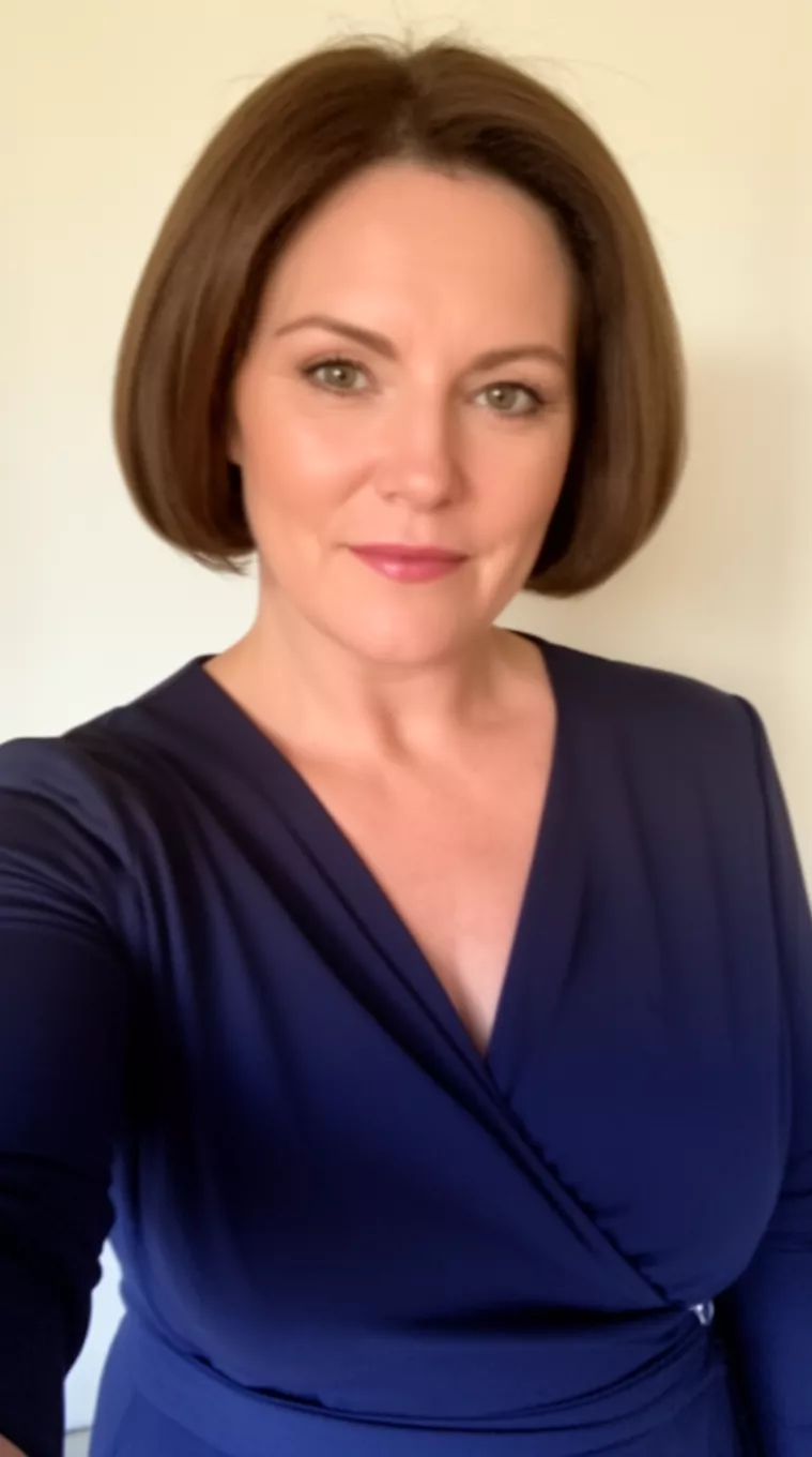 selfie of a 40-year-old woman wearing a navy wrap dress with a Rounded Lob hairstyle, minimal background