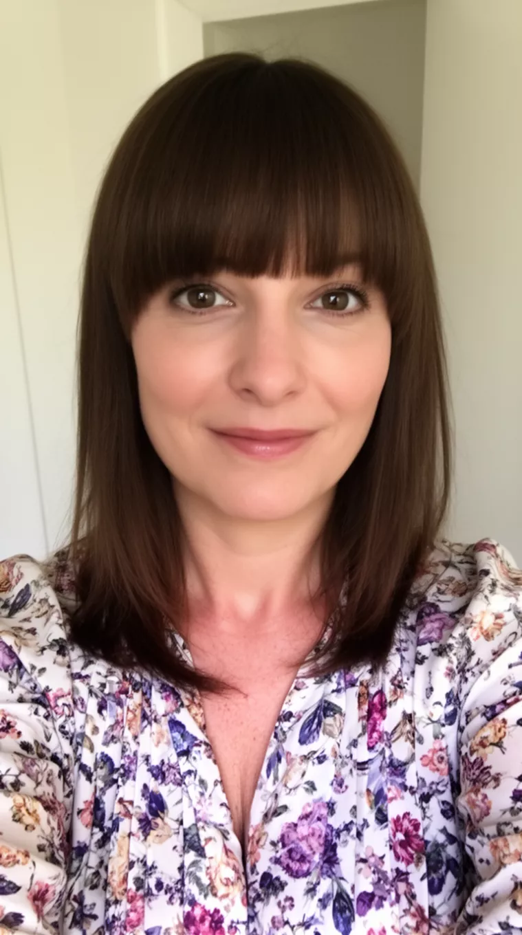 selfie of a 36-year-old woman wearing a floral blouse with a Curtain Bangs hairstyle, minimal background
