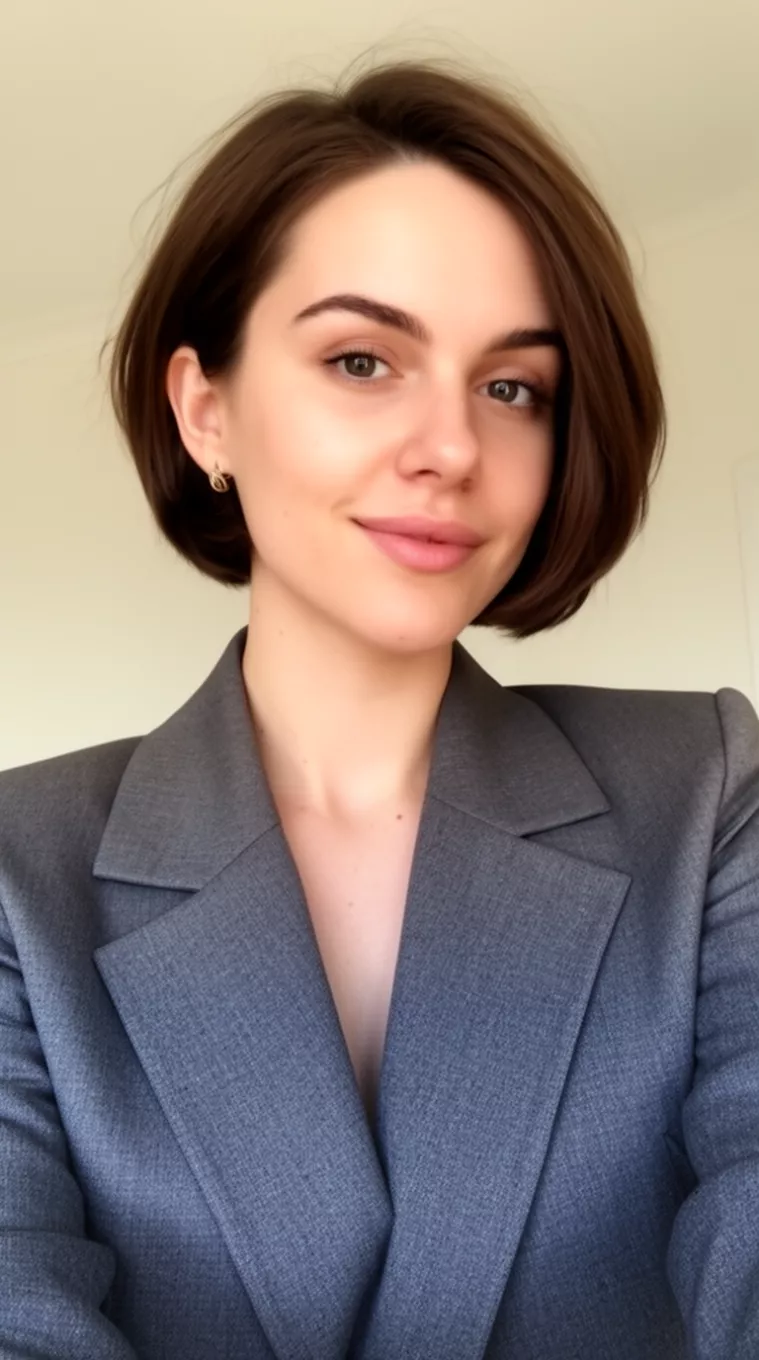 selfie of a 29-year-old woman wearing a structured blazer with a Sculpted Bob hairstyle, minimal background