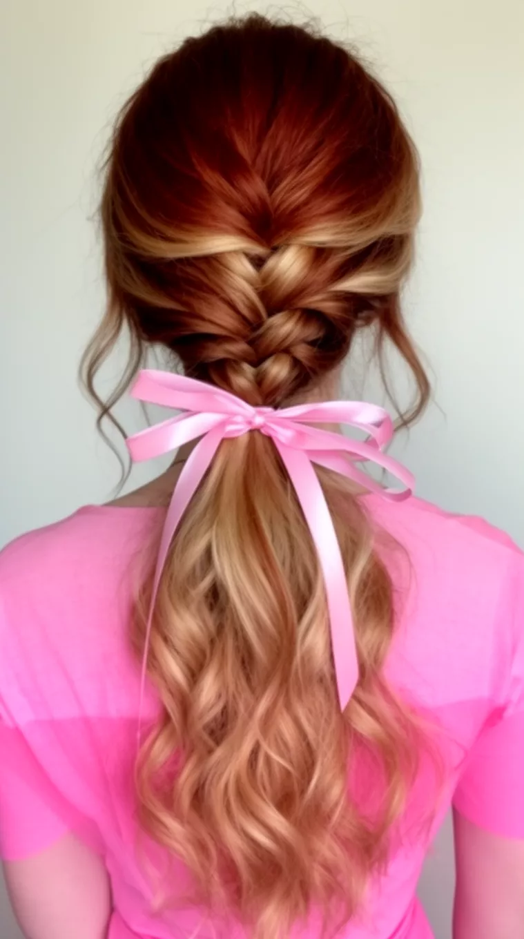 casual close-up photo of a 25-year-old woman wearing a pink-themed outfit with reddish-brown and blonde wavy hair styled in a braided ponytail with pink ribbons, back view, minimal background