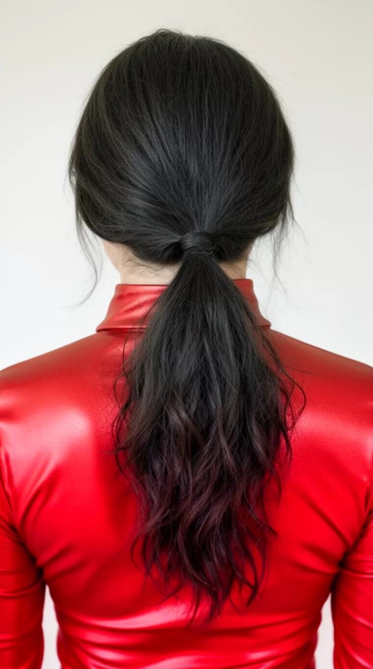 casual close-up photo of a 34-year-old woman wearing a shiny red high-neck top with long dark slightly wavy hair in a fishtail ponytail, back view, minimal background