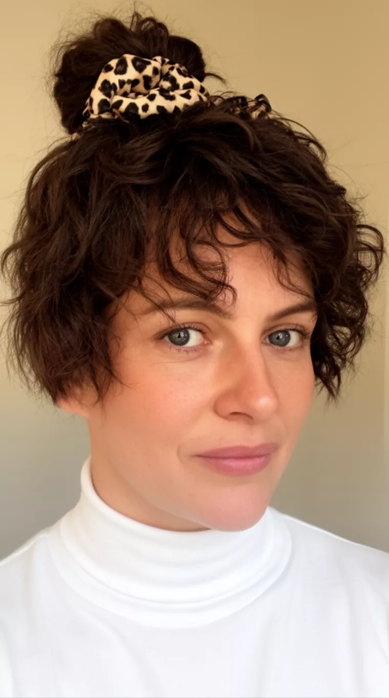 casual close-up photo of a 37-year-old woman wearing a white turtleneck with short dark brown styled curls and a leopard print scrunchie in a low bun, minimal background