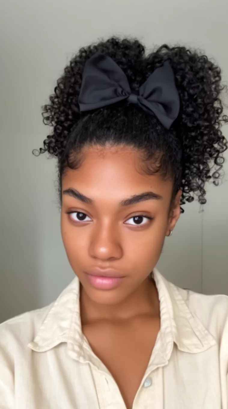 casual close-up photo of a 27-year-old woman wearing a light-colored collared top with very dark tightly coiled hair in a high ponytail adorned with a large black bow, minimal background