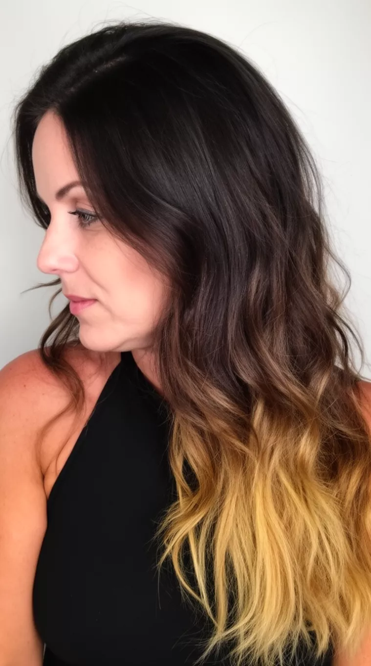 casual close-up photo of a 35-year-old woman wearing a black top with a long wavy dark brown to blonde ombre hairstyle, profile view, minimal background