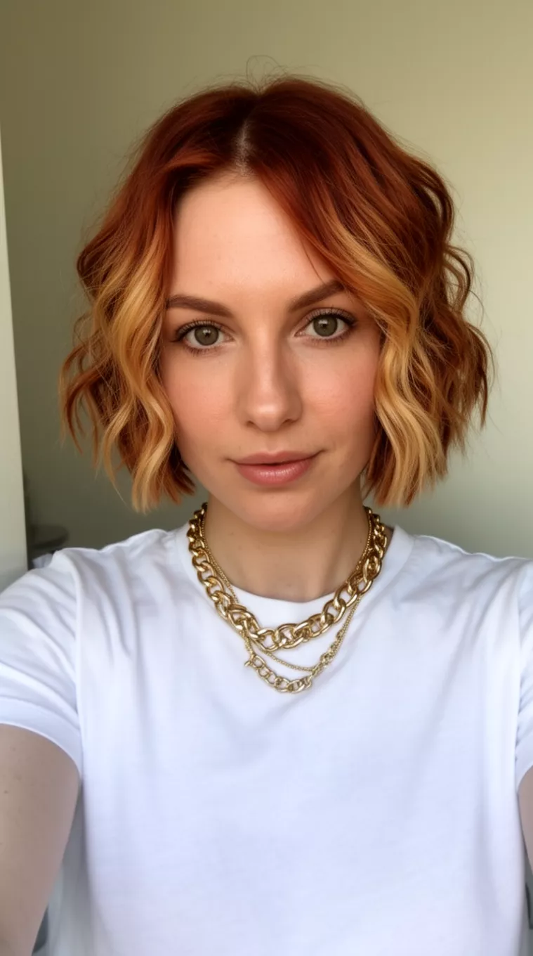 selfie of a 34-year-old woman wearing a white t-shirt and gold chain necklaces with a short wavy bob featuring auburn and blonde tones, minimal background