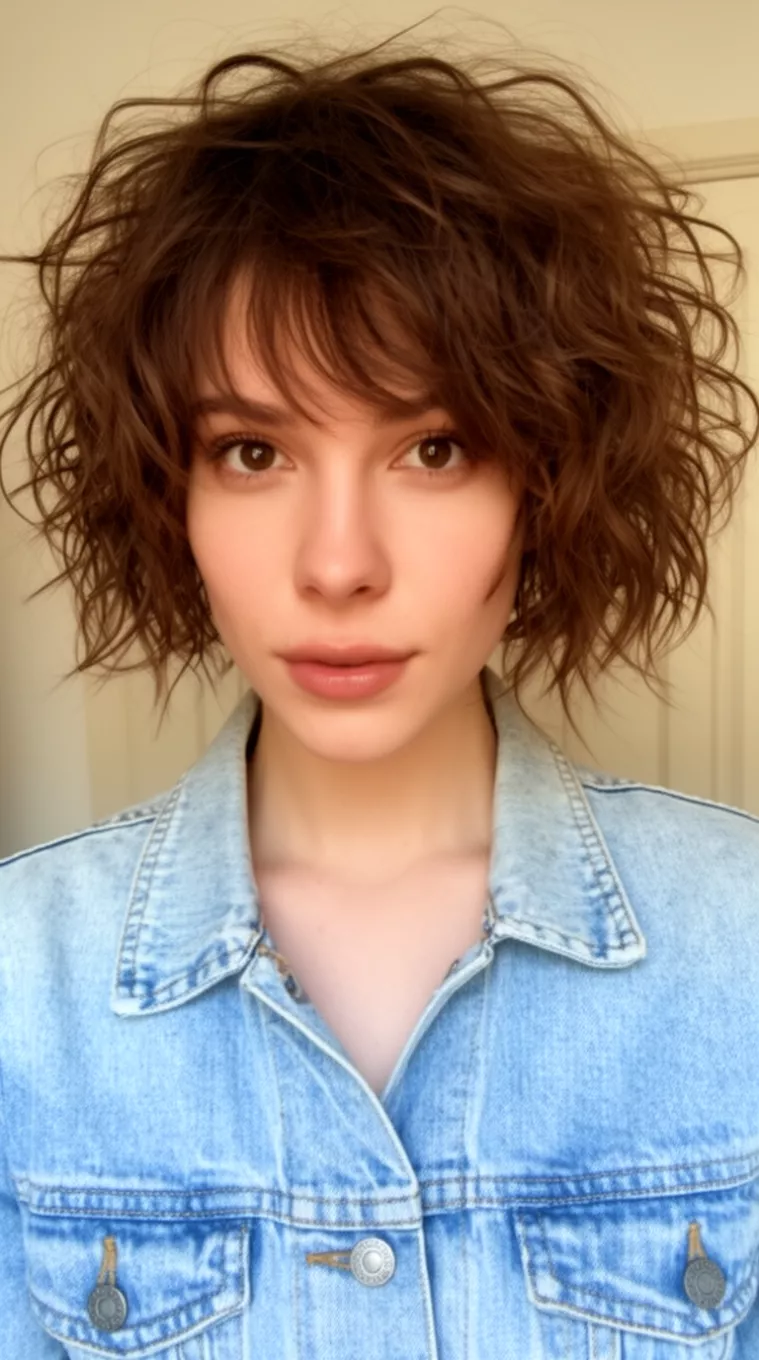 casual close-up photo of a 24-year-old woman wearing a light blue denim jacket with medium-dark brown messy short curls styled asymmetrically, minimal background