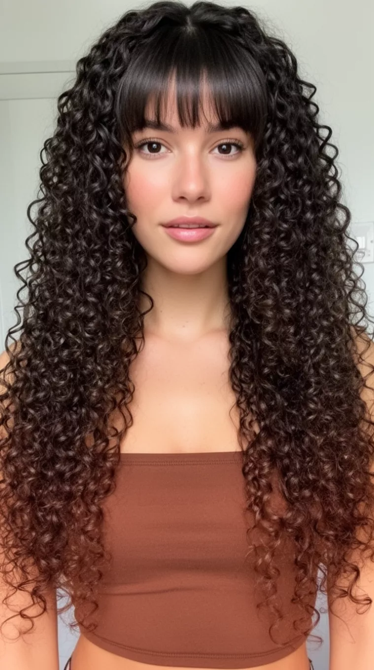casual close-up photo of a 29-year-old woman wearing a brown strapless top with extremely long dark brown tight curls and bangs, minimal background