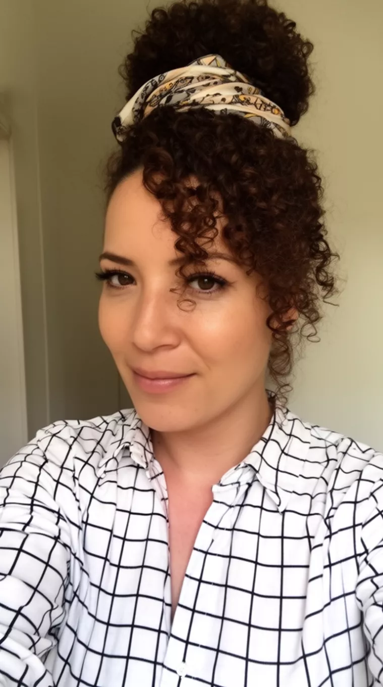 selfie of a 33-year-old woman wearing a white and black grid shirt with dark brown curls in a high bun accessorized with a patterned scarf, minimal background