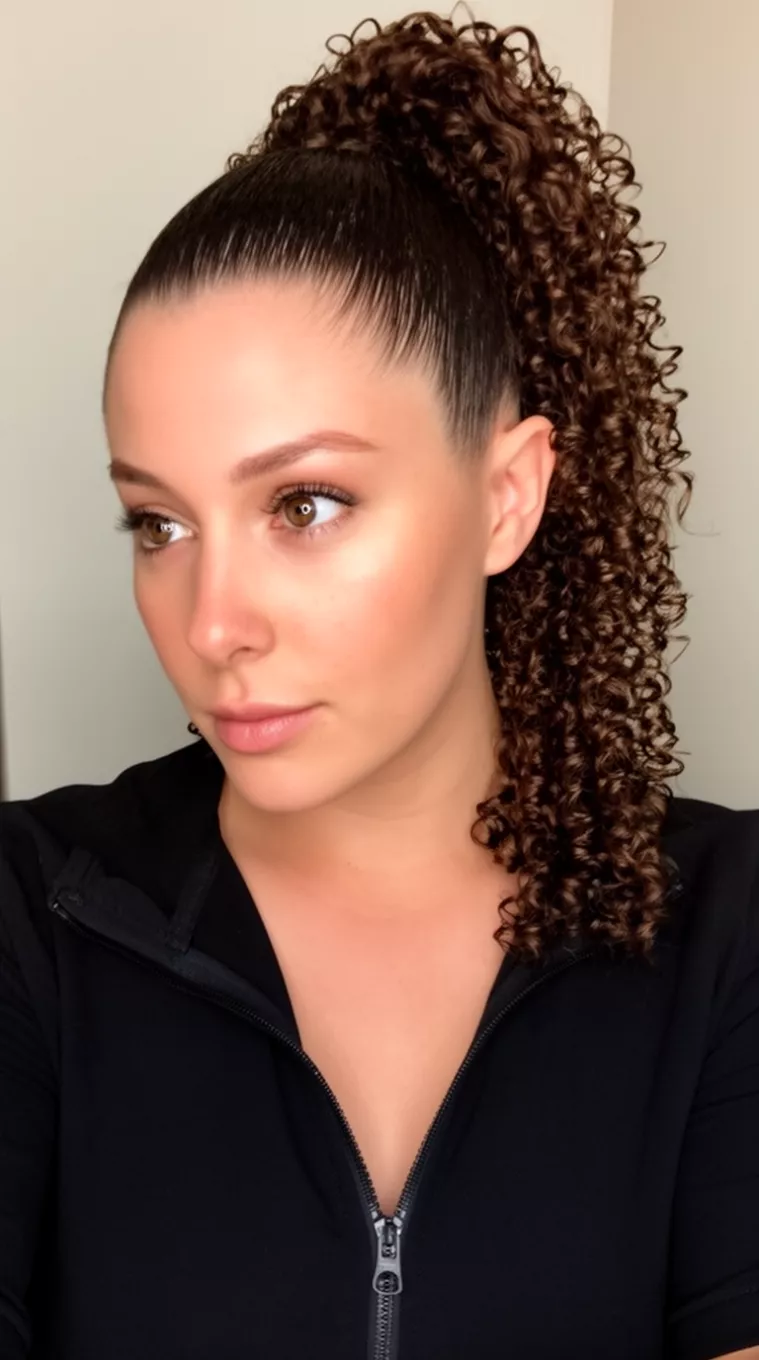 casual close-up photo of a 30-year-old woman wearing a black zip-up top with dark brown tightly coiled hair slicked back into a high textured ponytail, minimal background