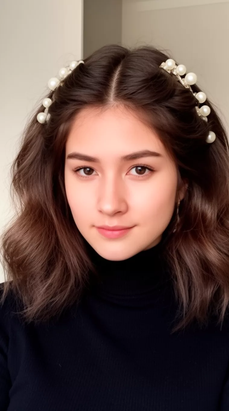 casual close-up photo of a 26-year-old woman wearing a black turtleneck with a voluminous medium-length dark brown hairstyle embellished with pearl clips, minimal background