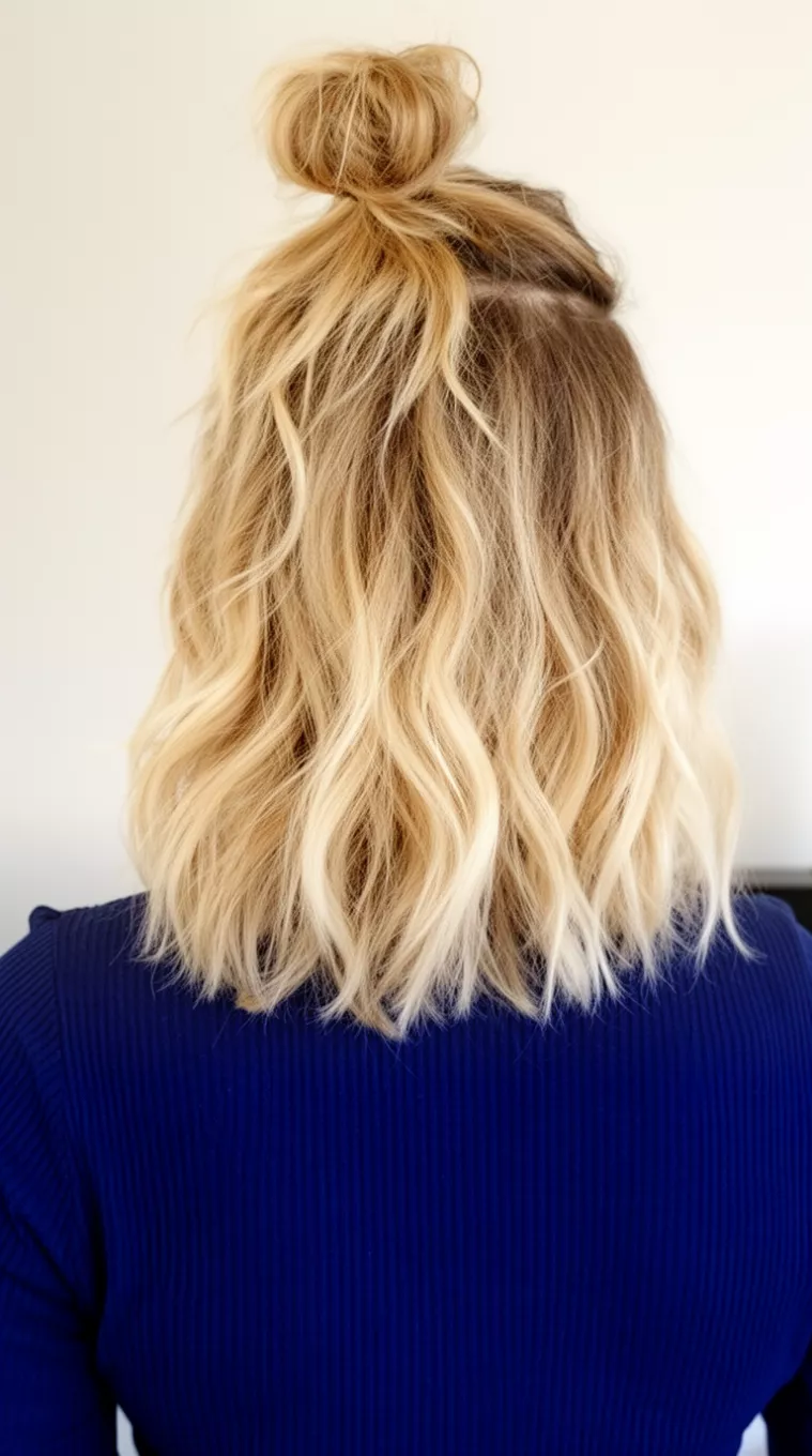 casual close-up photo of a 31-year-old woman wearing a navy blue ribbed top with blonde wavy chin-length hair in a half-up top knot, back view, minimal background