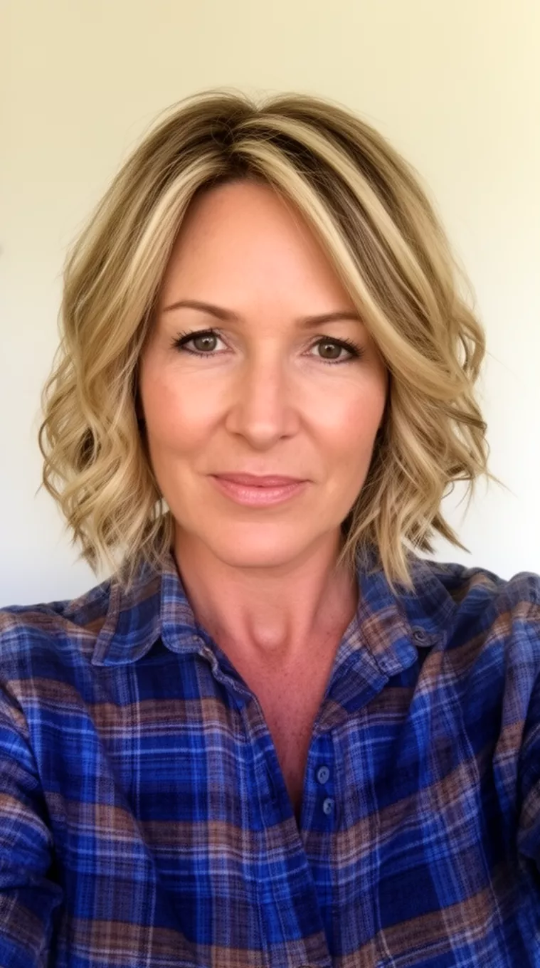 selfie of a 45-year-old woman wearing a blue and brown plaid shirt with a chin-length blonde highlighted wavy bob, minimal background