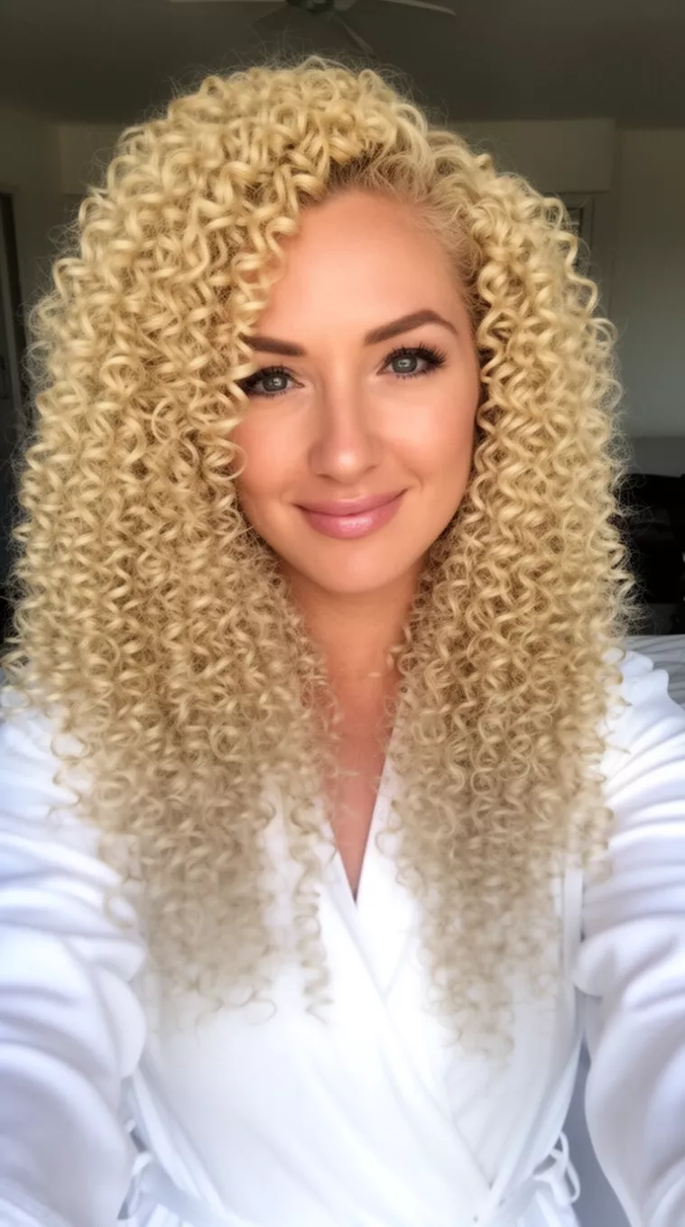 selfie of a 32-year-old woman wearing a white robe with long light blonde voluminous tight spiral curls, minimal background