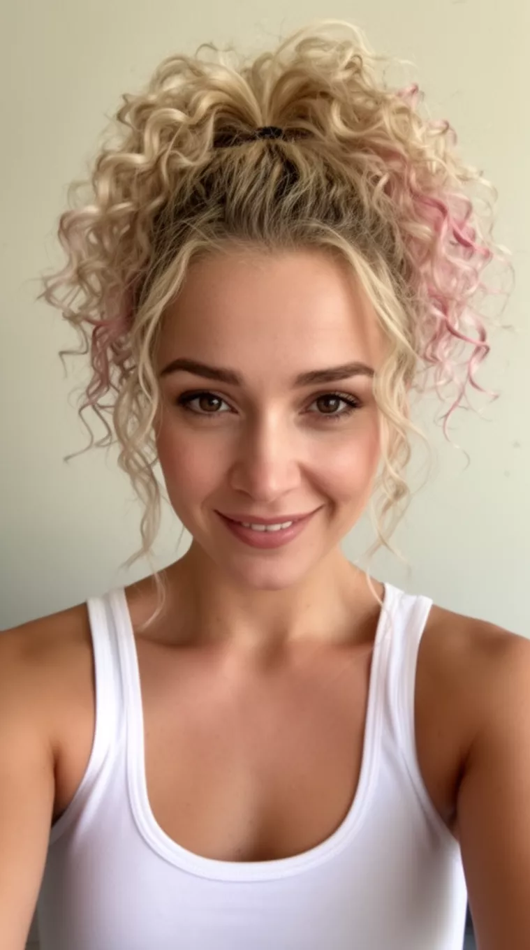 selfie of a 29-year-old woman wearing a white tank top with a blonde high messy curly ponytail featuring subtle pink tones, minimal background