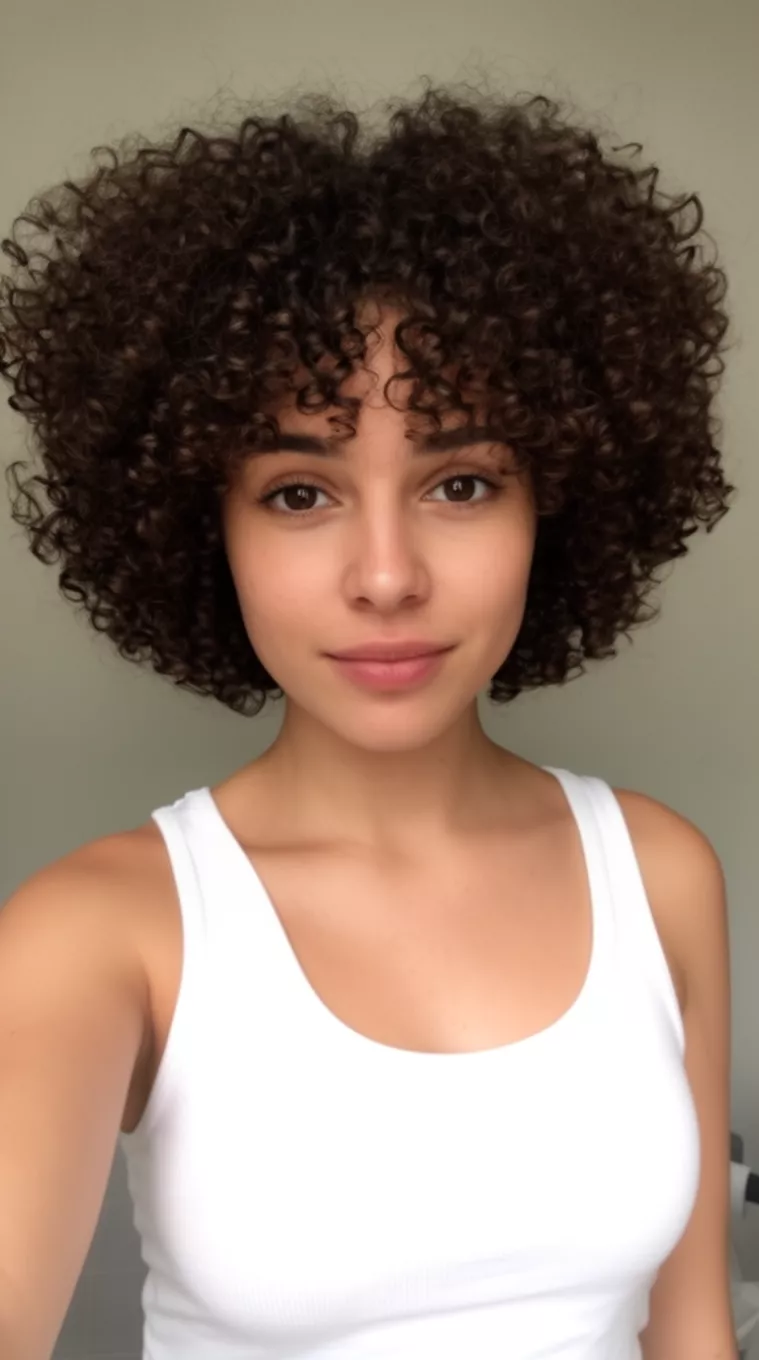 selfie of a 23-year-old woman wearing a white tank top with short voluminous dark brown tight curls, minimal background