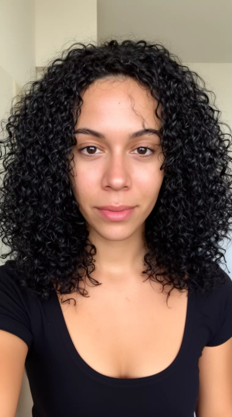 casual close-up photo of a 33-year-old woman wearing a black scoop-neck top with voluminous dense shoulder-length black curls, minimal background
