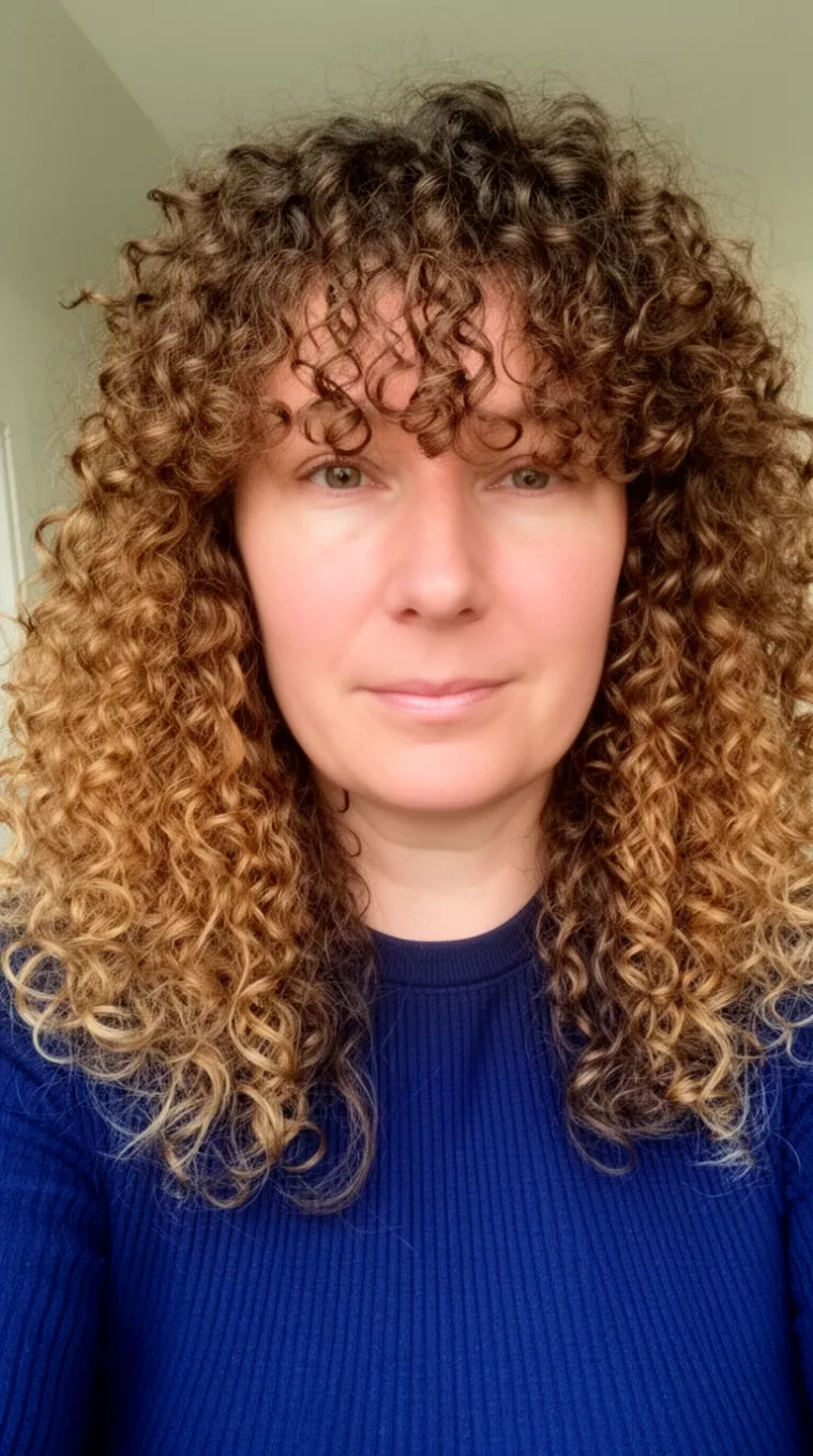 casual close-up photo of a 41-year-old woman wearing a dark navy ribbed top with voluminous medium brown and caramel curly hair and a curly fringe, minimal background