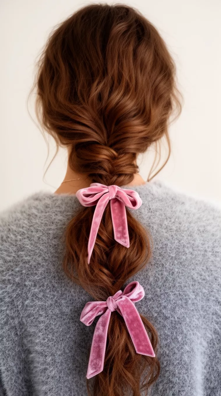 casual close-up photo of a 22-year-old woman wearing a fuzzy grey top with medium brown wavy hair in a loose voluminous braid with pink velvet ribbons, back view, minimal background