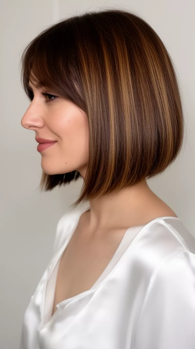 casual close-up photo of a 30-year-old woman wearing a white satin top with a sleek angled brown bob hairstyle and lighter brown highlights, profile view, minimal background