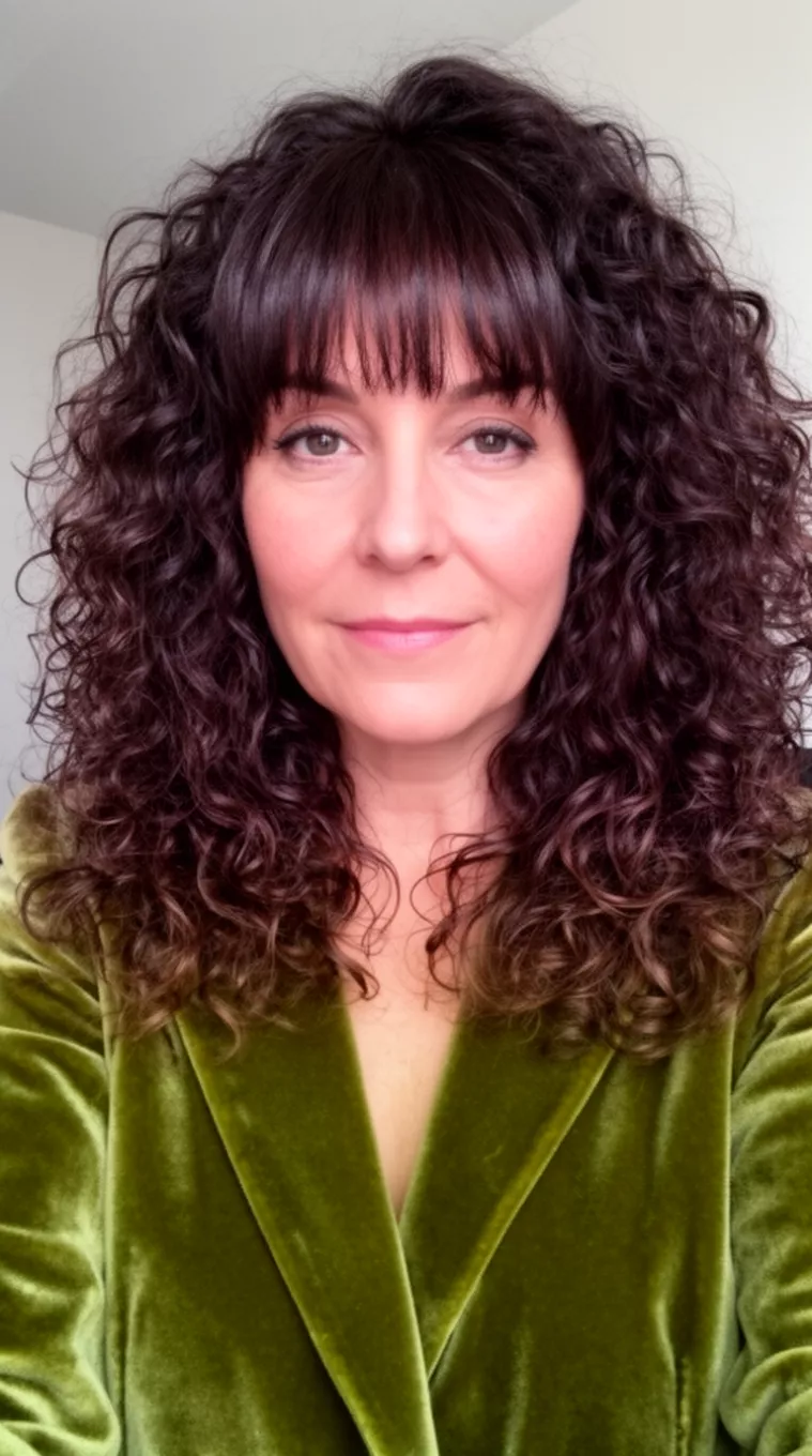 casual close-up photo of a 40-year-old woman wearing an olive green velvet jacket with a medium-length very voluminous dark brown curly hair and layered bangs hairstyle, minimal background