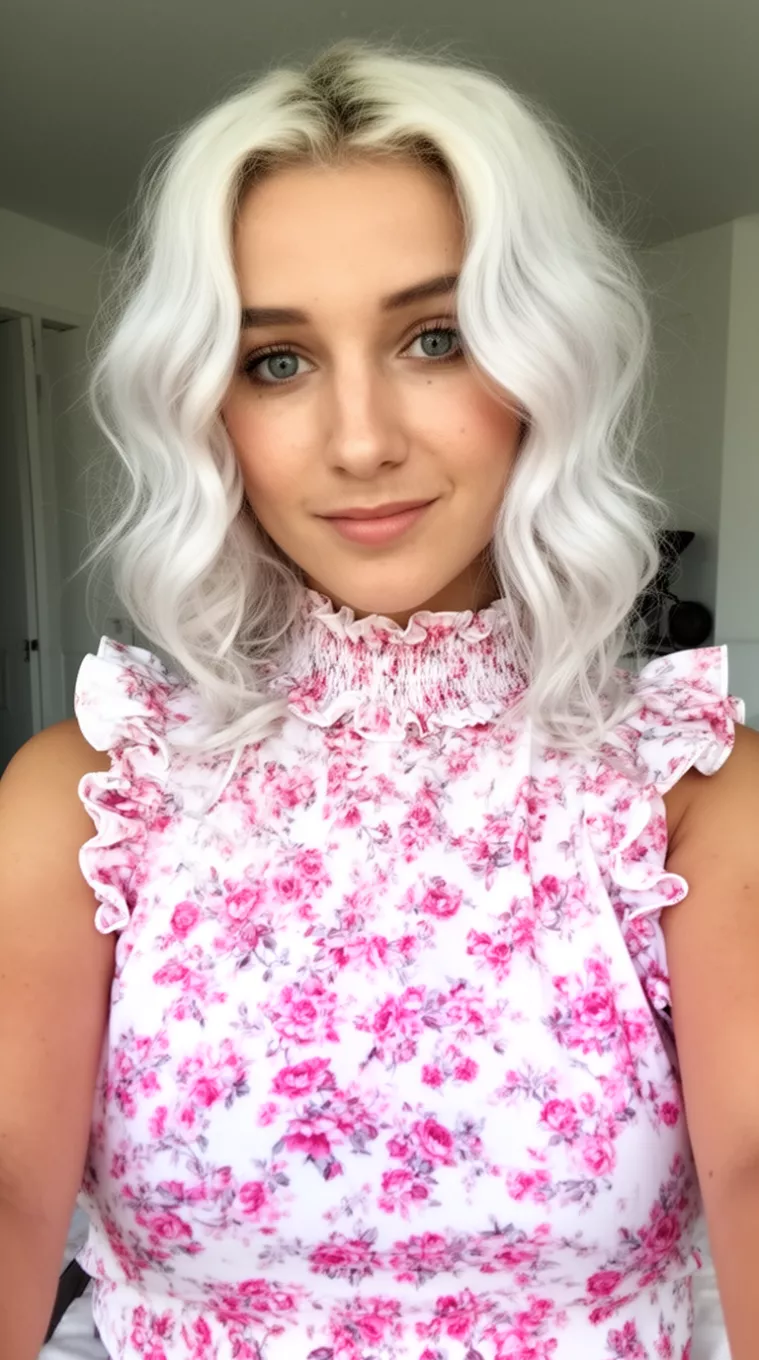 selfie of a 29-year-old woman wearing a white and pink floral ruffled high-neck top with a bright platinum blonde wavy medium-length hairstyle, minimal background