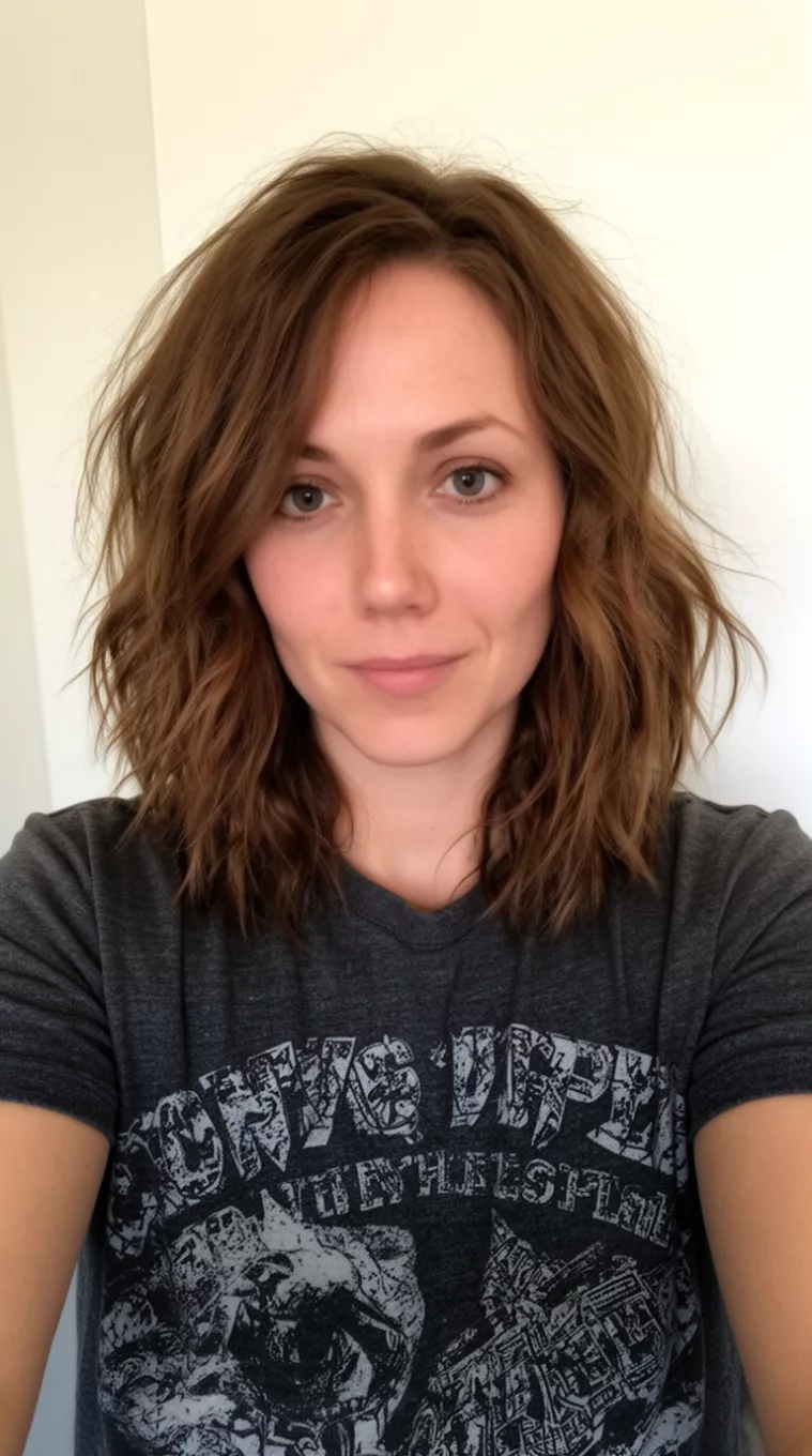 selfie of a 34-year-old woman wearing a dark grey graphic t-shirt with a medium-length tousled brown hair hairstyle, minimal background