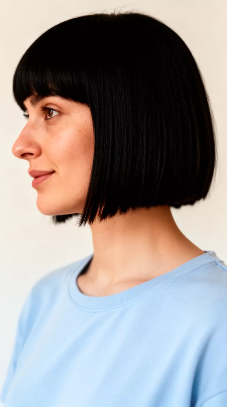 casual close-up photo of a 29-year-old woman wearing a light blue top with a straight black chin-length bob hairstyle, profile view, minimal background