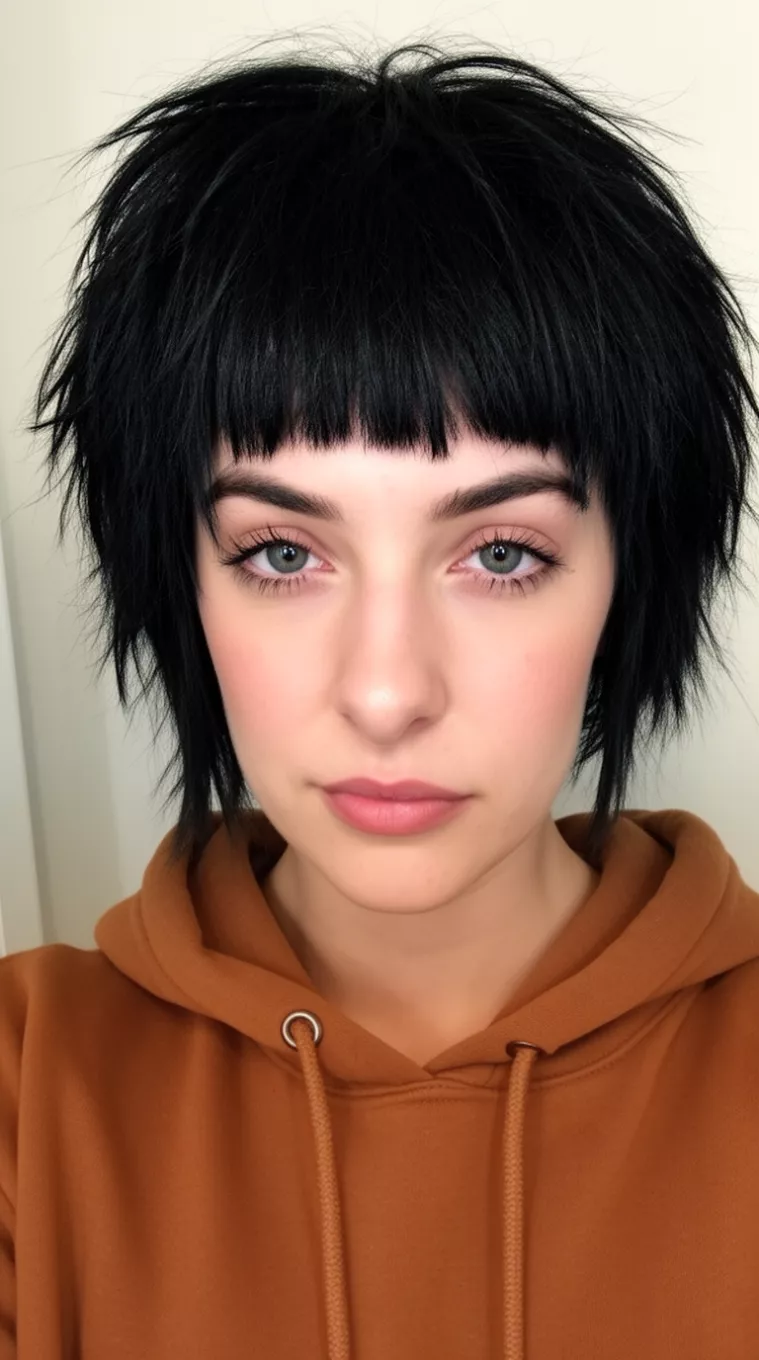 selfie of a 25-year-old woman wearing a brown hoodie with a very short edgy black shaggy hairstyle and micro-bangs, minimal background