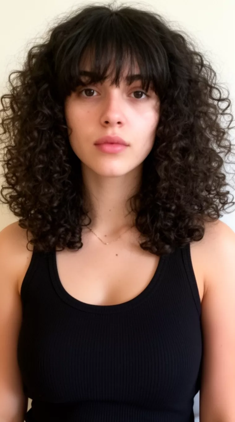 casual close-up photo of a 28-year-old woman wearing a black ribbed tank top with a medium-length voluminous dark curly hair and bangs hairstyle, minimal background